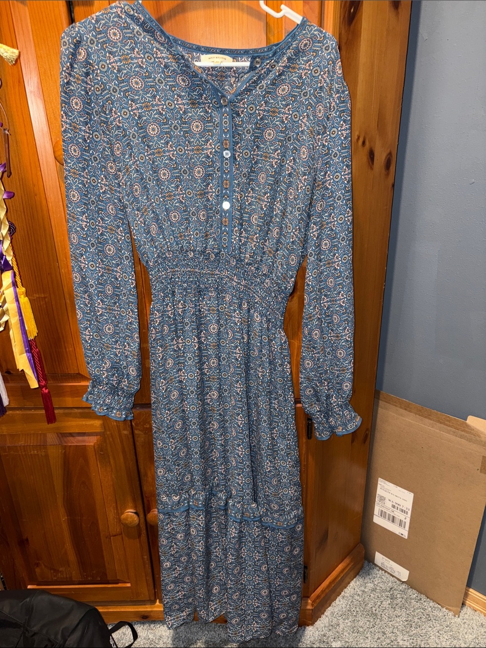 Max Studio Blue Printed Long Sleeve Smocked Waist Maxi Dress